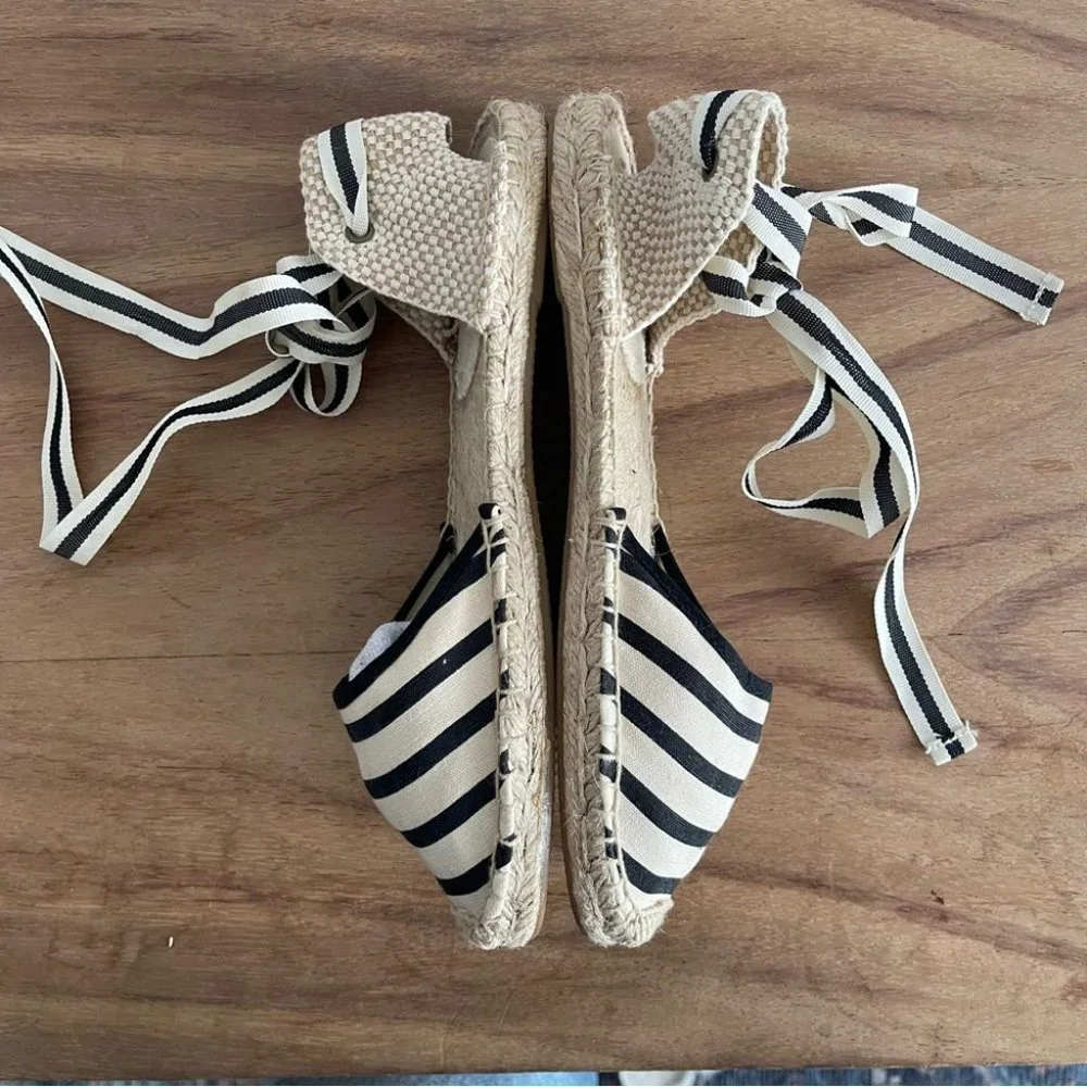 ❌SOLD❌SOLUDOS Lace-up flat espadrille shoes black cream stripe nautical size 7.5 - Picture 6 of 12